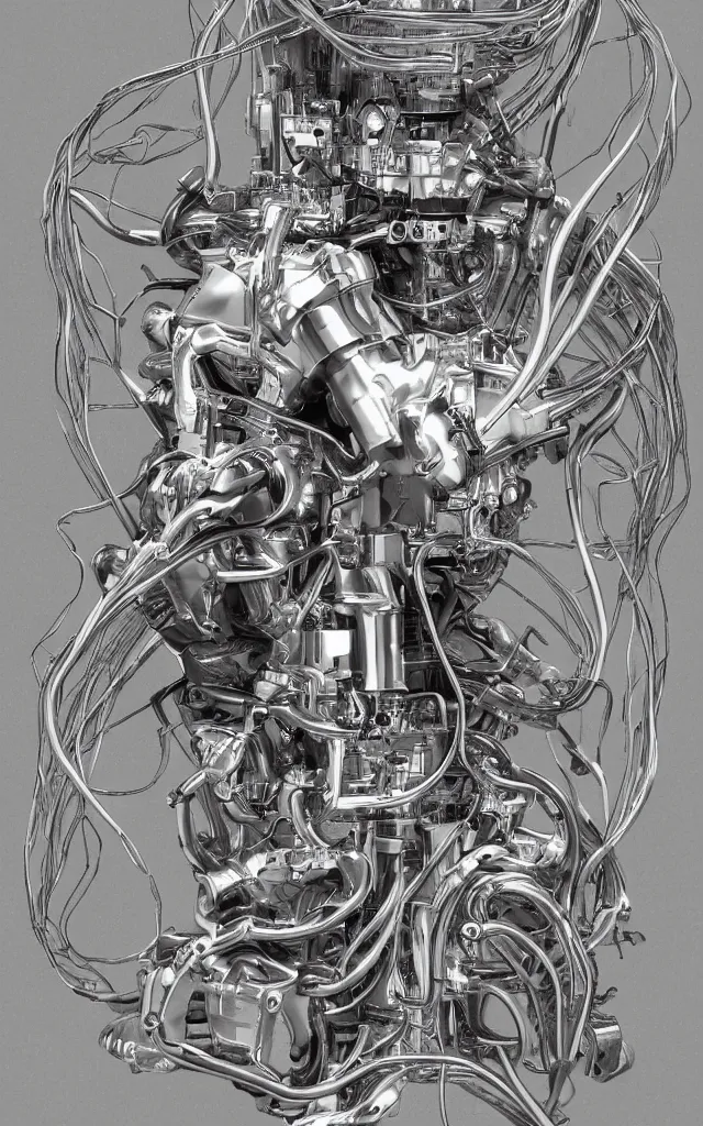 Image similar to a ghost inside metallic anatomical magnesium with integrated internal combustion engine pistons and exposed wires album cover