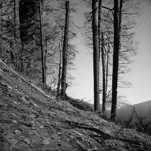 Prompt: A medium-format black-and-white photo shot on expired film, of the last thing a hiker saw before disappearing forever, 1976, creepy, horror, shadow