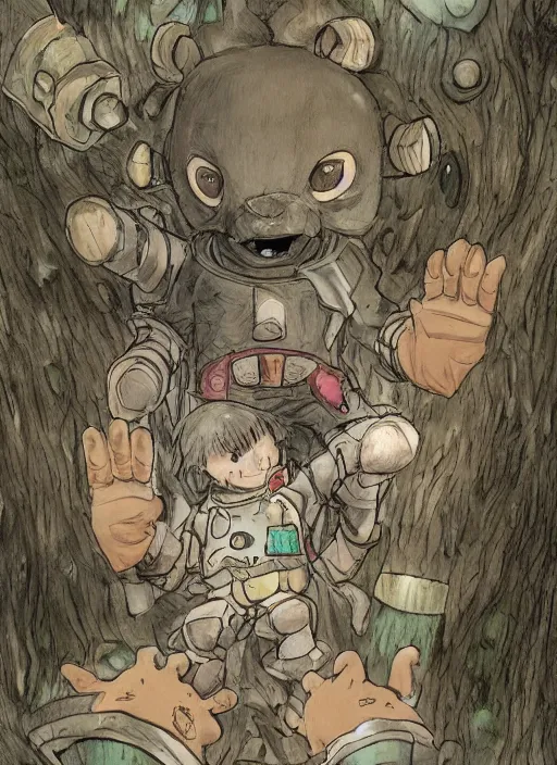 Image similar to beautiful little boy wearing an cyborg bear suit, artwork in kentaro miura and made in abyss and rosdraws, smooth, beautiful lightness, anatomically correct, trending on pixiv, forest