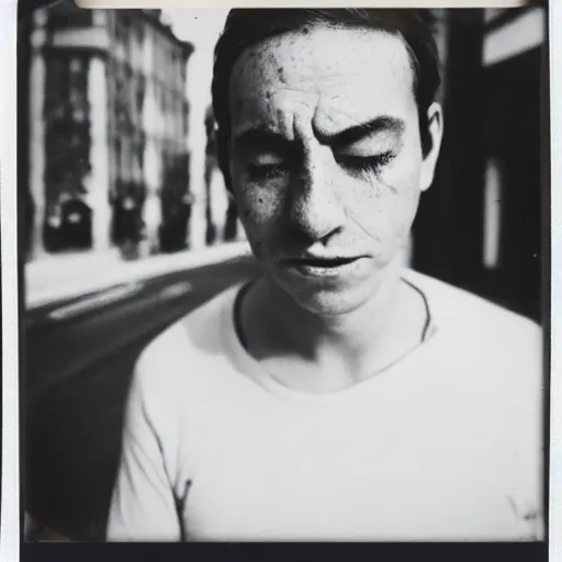 Image similar to a professional polaroid portrait photo of a man with an asymmetrical face with his eyes closed. the man has black hair, light freckled skin and a look of panic on his face. british street photo. extremely high fidelity. key light.