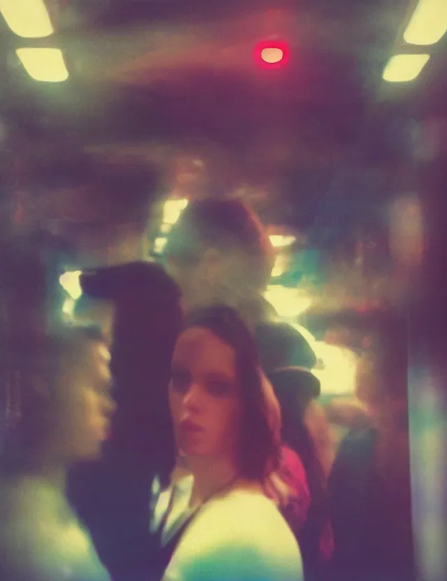 Image similar to wide angle, polaroid photograph with flash, in nyc subway couple of man and woman surrounded by aura light, cool colors, bleached, kodak film stock, hyper real, stunning moody cinematography, with anamorphic lenses, by maripol, detailed