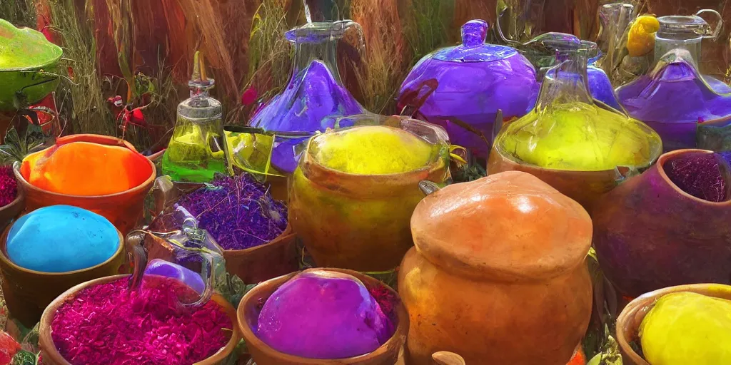 Image similar to colorful potions at the harvest festival, hyper realistic, 8 k, insane details,