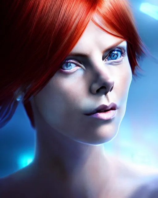 Image similar to perfect red haired attractive goddess with blue eyes, beautiful, symmetric, dreamy, pretty face, charlize theron, detailed, scifi platform, laboratory, experiment, 4 k, ultra realistic, epic lighting, illuminated, cinematic, masterpiece, art by sakimi chan