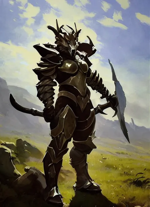 Image similar to Greg Manchess painting of a Corgi Charr from Guild Wars 2 wearing Forerunner Armor from Halo, countryside, calm, fantasy character portrait, dynamic pose, above view, sunny day, artwork by Jeremy Lipkin and Giuseppe Dangelico Pino and Michael Garmash and Rob Rey, very coherent asymmetrical artwork, sharp edges, perfect face, simple form, 100mm