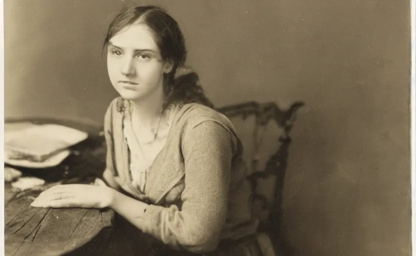 Image similar to a photo of young woman leaning on a table