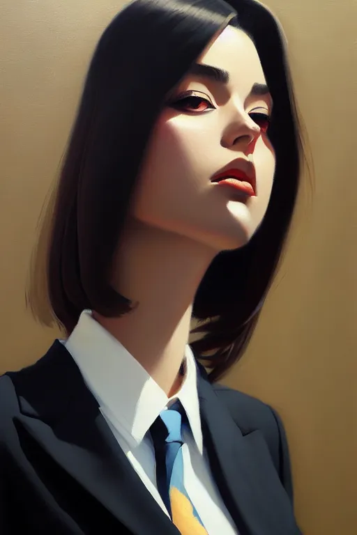 Image similar to a ultradetailed beautiful panting of a stylish woman wearing a oversized suit with a tie, oil painting, by ilya kuvshinov, greg rutkowski and makoto shinkai, trending on artstation