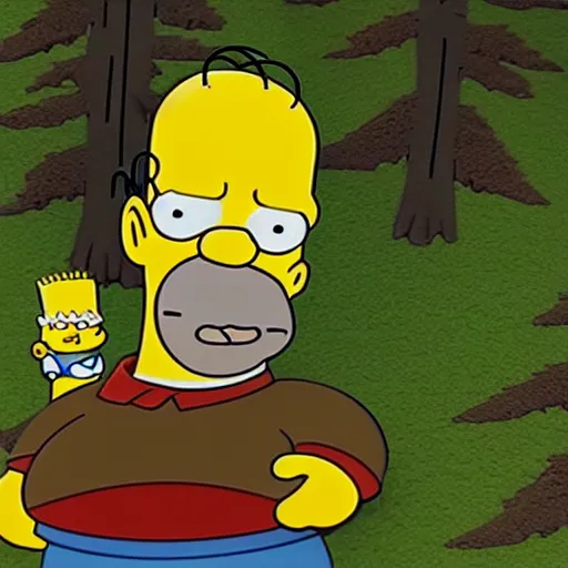 Prompt: Homer Simpson in the woods photo realistic creepy 4K