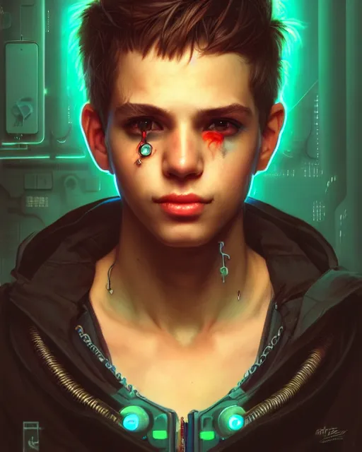 Prompt: portrait, cute boy monster, cyberpunk, wires, horror, happy, highly detailed, digital painting, cinematic, hyperrealism, dark retrowave, art by stanley lau and artgerm and magali villeneuve and alphonse mucha, artstation, octane render, cgsociety