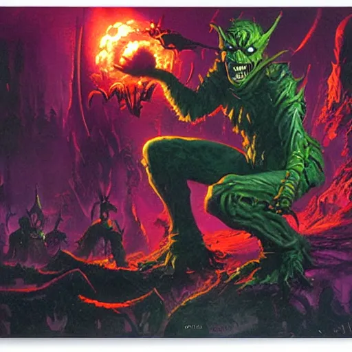 Image similar to green goblin in hell by paul lehr and moebius