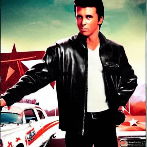 Image similar to vladimir putin as danny zuko in grease, hollywood movie poster, realistic,