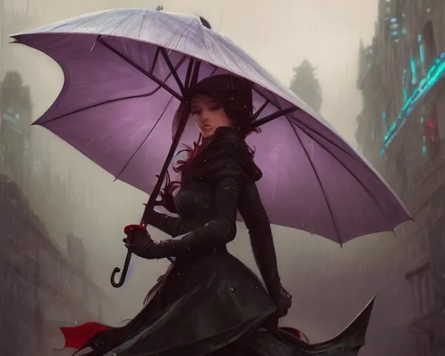 Image similar to umbrella, heavy rain, wind, thunder, reflections, deep focus, d & d, fantasy, intricate, elegant, highly detailed, digital painting, artstation, concept art, matte, sharp focus, illustration, hearthstone, art by artgerm and greg rutkowski and alphonse mucha