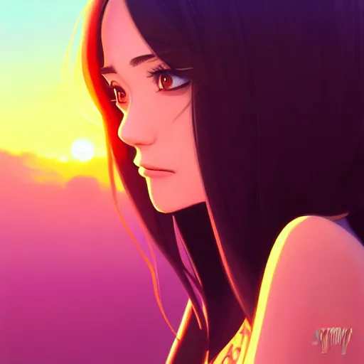 Image similar to Emmy Rossum, sunset, portrait, intricate, highly detailed, digital painting, artstation, official media, anime key visual, concept art, rich vivid colors, ambient lighting, sharp focus, illustration, art by Artgerm, Makoto Shinkai, Ilya Kuvshinov, Lois Van Baarle, and Rossdraws