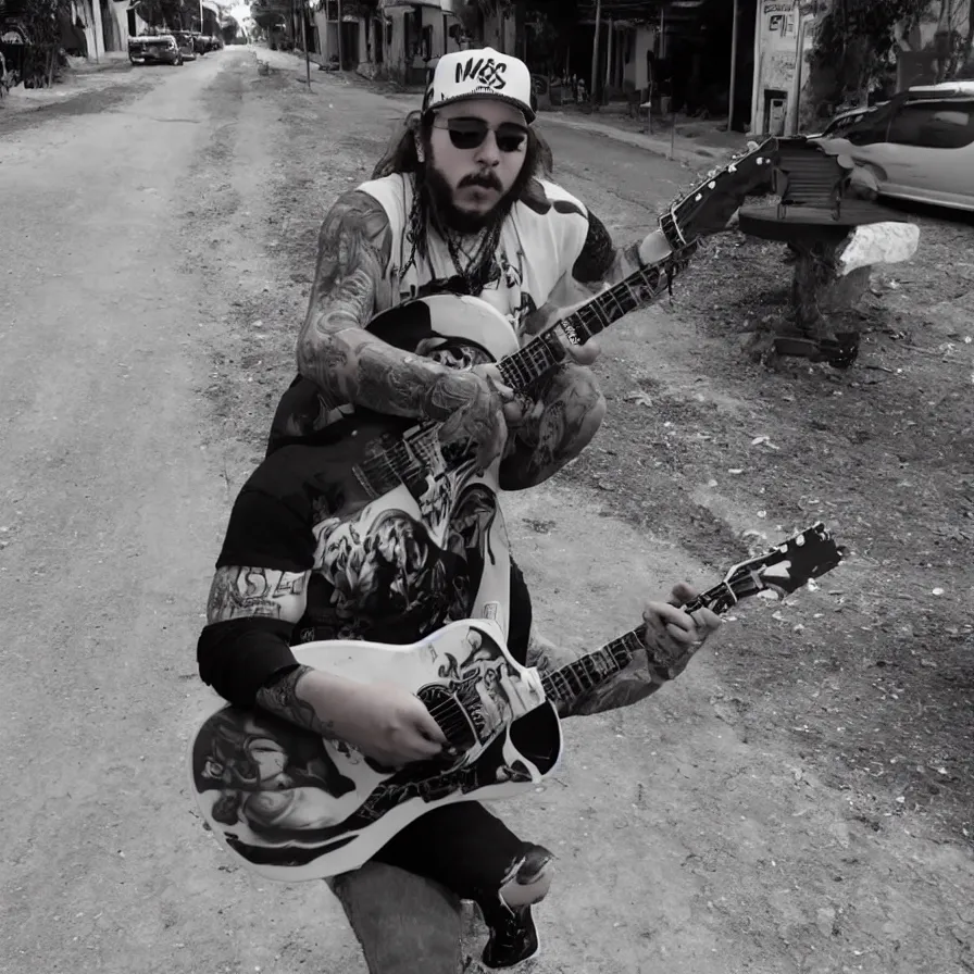 Image similar to trailcam footage of Post Malone playing a guitar on a mexican street