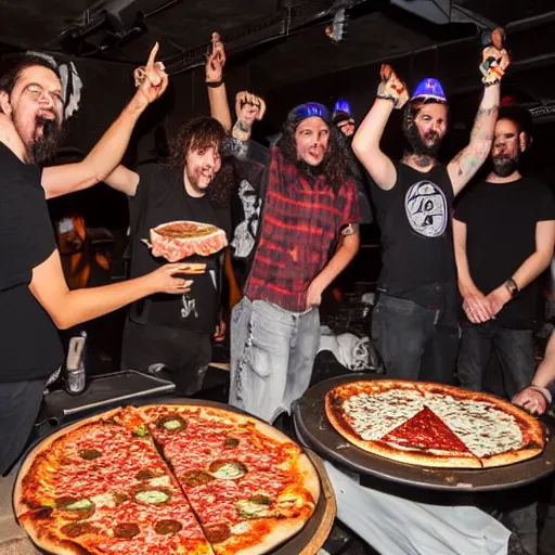 Image similar to pizza party at a metal concert held in cyblerspace