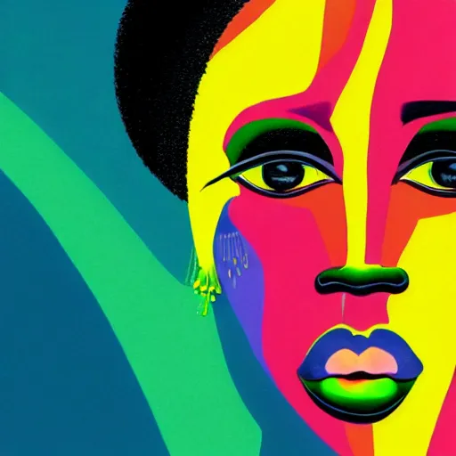 Prompt: closeup portrait of a black woman with yellow eyes and a rainbow background, digital art by tomokazu matsuyama, by ed paschke, by agnes pelton, by patrick nagel, behance contest winner, generative art, irridescent, holography, neon, dark art, retrowave, grain, androgynous, black background