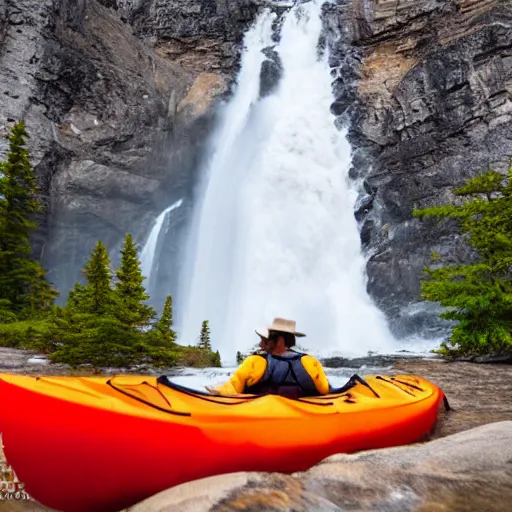 Prompt: a kayak descends Takakkaw Falls waterfall in Yoho National Park, tourism photo done in the style of National Geographic with zoom