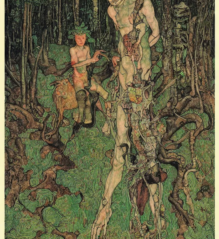 Prompt: person in the forest with a goat and a robot by Ivan Bilibin, Austin Osman Spare, Norman Rockwell, high quality, ultra detailed. Beksinski painting, part by Adrian Ghenie and Gerhard Richter. art by Takato Yamamoto. masterpiece