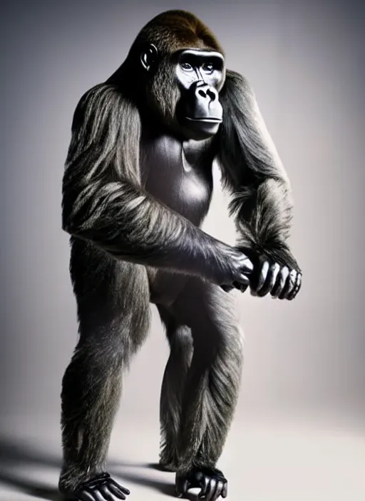 Image similar to studio photo still of a full body gorilla in a space suit, 8 k, studio lighting, key light from right side,