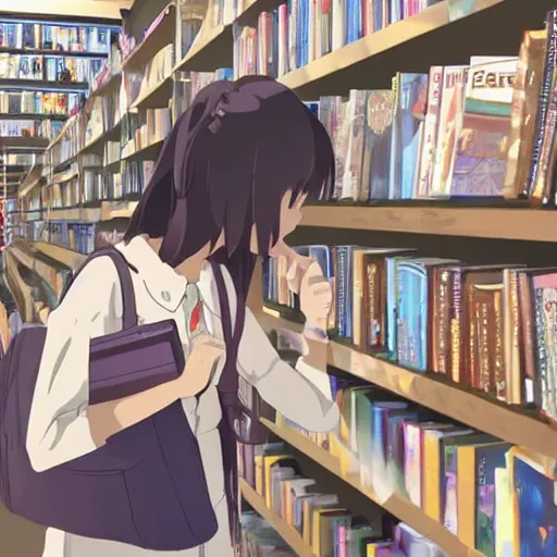 Image similar to At the end of the world, a high school girl browsing in a bookstore, Makoto Shinkai style