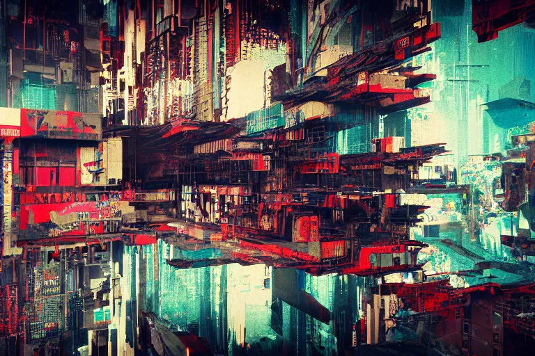 Prompt: fragmented architecture collage by atelier olschinsky, cyberpunk, (high contrast), ((oversaturated)), grafitti paint, bokeh, dof, unreal engine