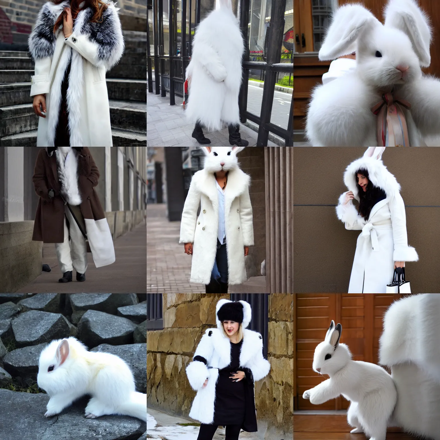 Prompt: lagus the thieving bunny, white fur, trench coat, quadriped