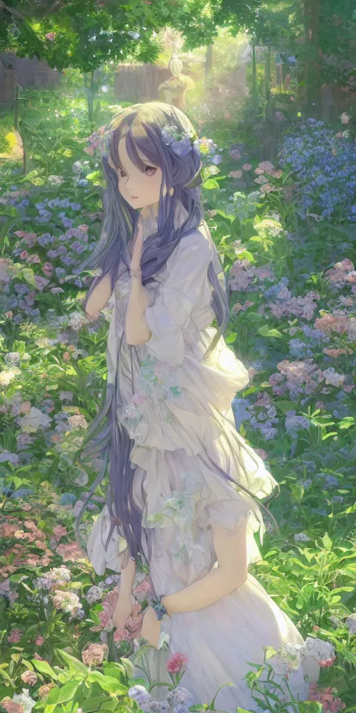 Prompt: a digital art of a loli with long hair in a dress, privet garden, after noon, green and blue and warm theme, back lighting, highly detailed, 4 k resolution, trending on art station, elegant, depressed, melancholic, by krenz cushart and mucha and akihito yoshida and greg rutkowski and makoto shinkai
