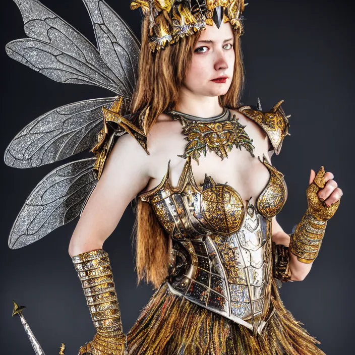 Image similar to full length photo of a very beautiful!! fairy queen with ornate sparkling armour, highly detailed, 4 k, hdr, smooth, sharp focus, high resolution, award - winning photo
