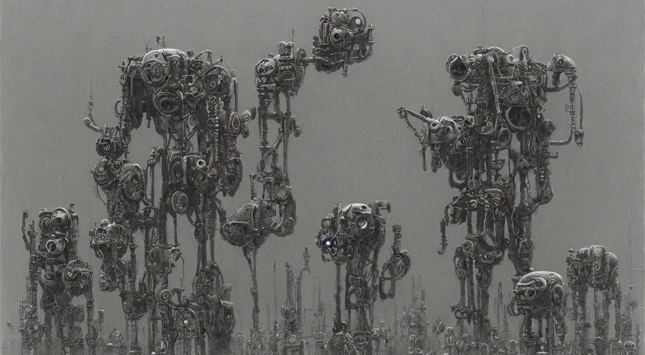 Prompt: steampunk robots by vladislav beksinski