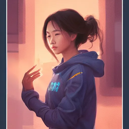 Prompt: a beautiful Filipina-Chinese woman wearing a UCR hoodie and shorts, portrait, highly detailed, digital painting, artstation, concept art, sharp focus, illustration, cinematic lighting, art by artgerm and greg rutkowski and alphonse mucha