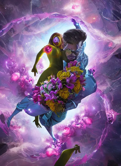 Prompt: An epic fantastic realism comic book style painting of the most beautiful entwined flowers launched gracefully across the dark spinning universe, tornado of bouquets, fisheye, unreal 5, DAZ, hyperrealistic, octane render, dynamic lighting