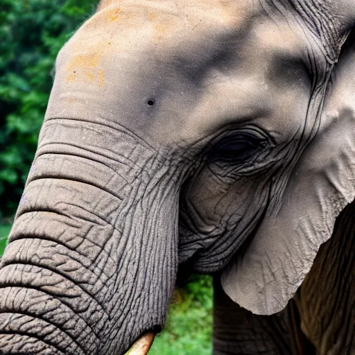 Image similar to a detailed, close - up photograph of an elephant with tiger skin