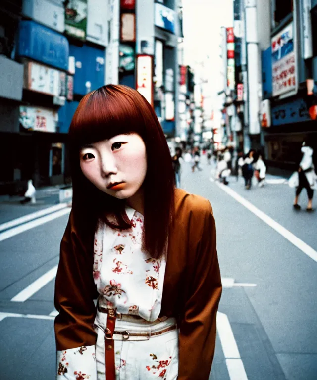 Prompt: a portrait street photograph shot on cinestill 5 0 d of a japanese woman in 9 0 s fashion with modest make up, hair died to a hazelnut brown, shot in shibuya tokyo on a 3 5 mm at f / 2. 8 and 1 / 1 2 0 0 shutter speed, print magazine quality, nostalgia, 8 k