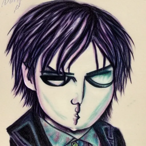 Prompt: a traditional cartoon emo/scene drawing of Gerard Way, late 2000’s, Trending on DeviantArt, dark pastel colors