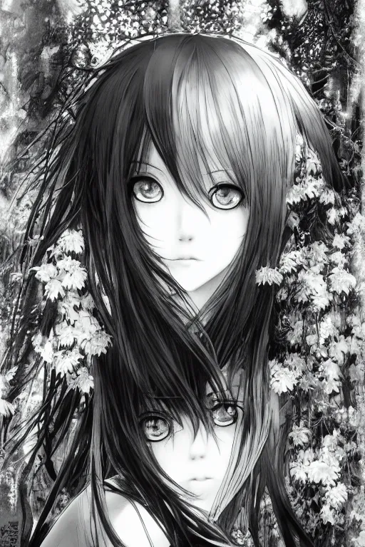 Prompt: a vertical portrait of a character in a scenic environment by Yoshitaka Amano, black and white, dreamy, dark eyes, wavy long black hair, highly detailed
