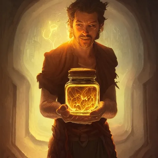 Image similar to man holding he's soul in a jar portrait, backlight, rim lighting, deep focus, d & d, fantasy, intricate, elegant, highly detailed, digital painting, artstation, concept art, matte, centered, sharp focus, illustration, hearthstone, art by artgerm, greg rutkowski and alphonse mucha