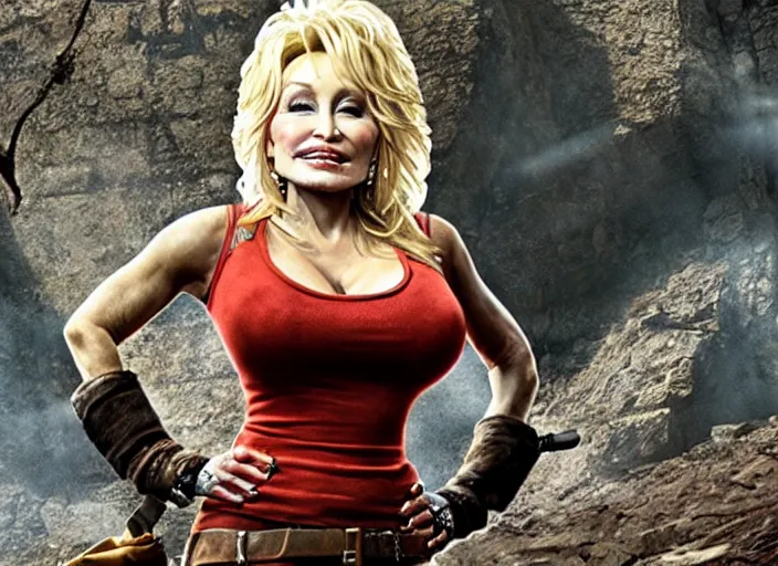 Image similar to film still of!!!! dolly parton!!! as lara croft in new tomb raider movie, 8 k