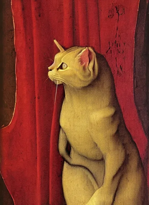 Image similar to red devil cat, Medieval painting by Jan van Eyck, Johannes Vermeer, Florence