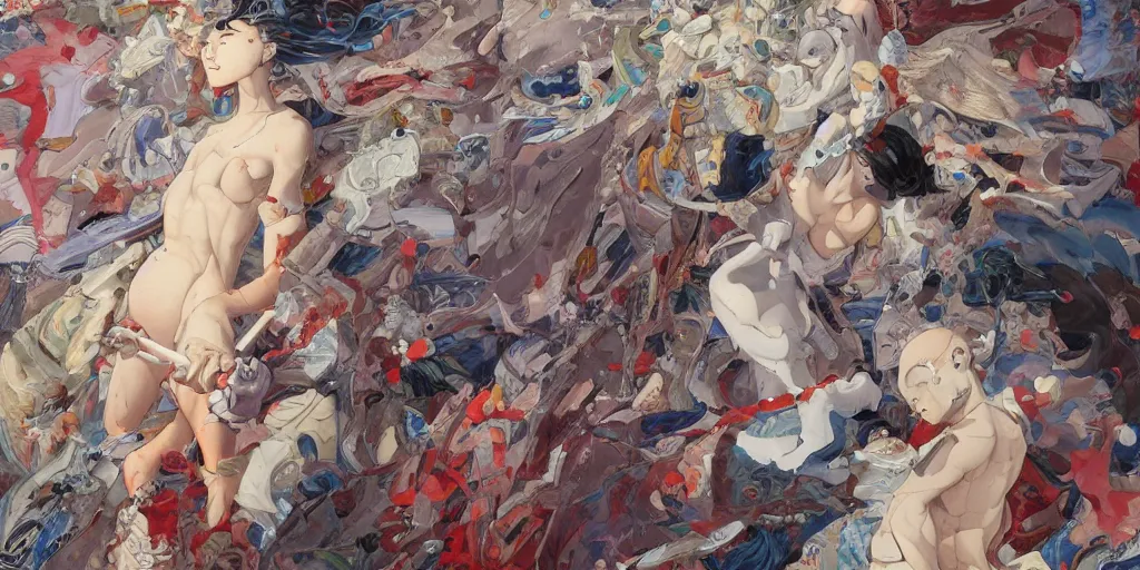 Prompt: gigantic angels oil painting art by james jean and katsuhiro otomo and erik jones, inspired by akira anime, smooth feature, intricate oil painting, high detail illustration, sharp high detail, 1 9 9 9