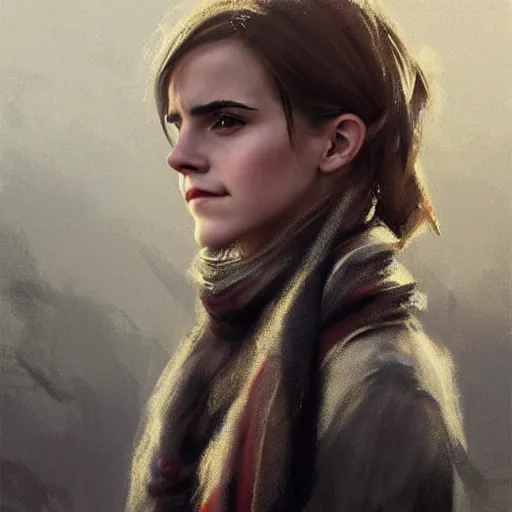 Image similar to hyperrealistic portrait of emma watson wearing a scarf, art by greg rutkowski, artstation