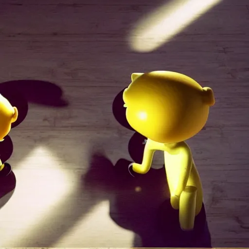 Prompt: in this photo, we see two lemon characters engaged in a heated discussion. the angle of the photo is from above, and we can see the intense expressions on their faces. the lighting is harsh and creates strong shadows, giving the photo a sinister feel.