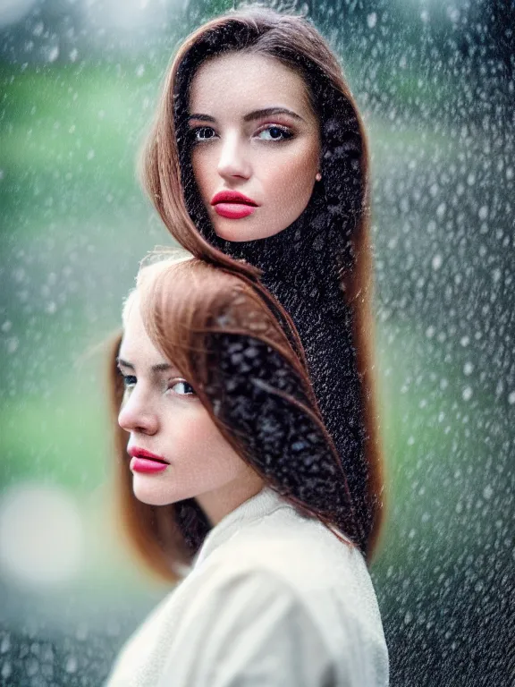 Image similar to kodak ektar 1 0 0 photo of a beautiful woman, lucy rosiek style 3 / 4, surrounded by rain in style of valeria lobbia, 1 5 0 mm lens, f 1. 2, elegant, highly detailed, sharp focus, head in focus, soft blur background, matt dreamy colours, volumetric lighting, hyper realistic
