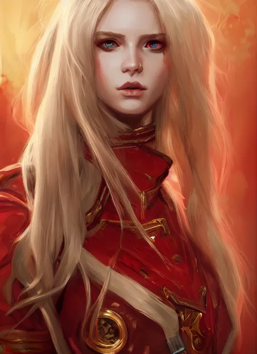 Image similar to a highly detailed illustration of beautiful long dirty blonde haired pale girl wearing red epaulette uniform, red eyes, dramatic seductive pose, intricate, elegant, highly detailed, centered, digital painting, artstation, concept art, smooth, sharp focus, league of legends concept art, WLOP