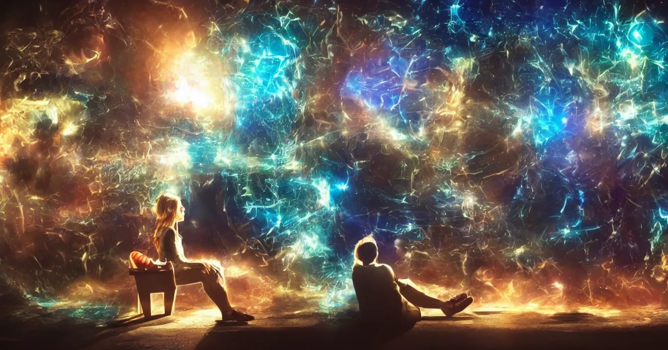 Image similar to Human egos are trapped in the illusion of physical reality, sitting in a movie theater, watching the light of consciousness project their lives onto a giant screen, realistic image full of sense of spirituality, life meaning, meaining of physical reality, happy atmosphere, beautiful concept art