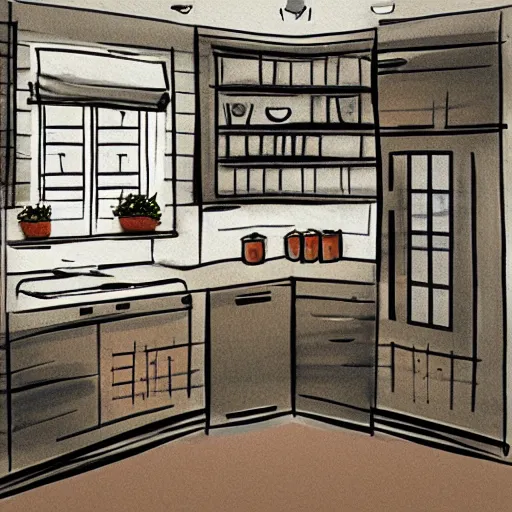 Prompt: kitchen, illustration, in the style of henry rivers