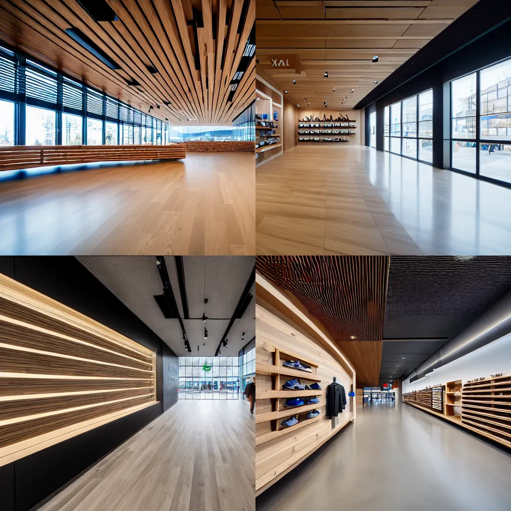 Prompt: (wood and concrete flagship retail interior Samsung Microsoft Apple) XF IQ4, 14mm, f/1.4, ISO 200, 1/160s, 8K, RAW, unedited, symmetrical balance, architectural photography, in-frame