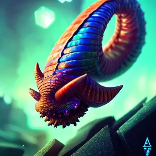 Image similar to beautiful colorful dragon snail. intricate portrait, occult cyberpunk, ancient futuristic, dark art, occult. by Petros Afshar, by artgerm, by Eddie Mendoza, by Peter mohrbacher, octane render, 3d, unreal engine, depth of field, bokeh, motion blur, blur