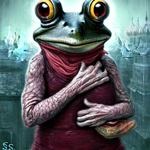 Prompt: Elderly anthropomorphic frog russian grandmother. MTG Digital art, by Seb McKinnon