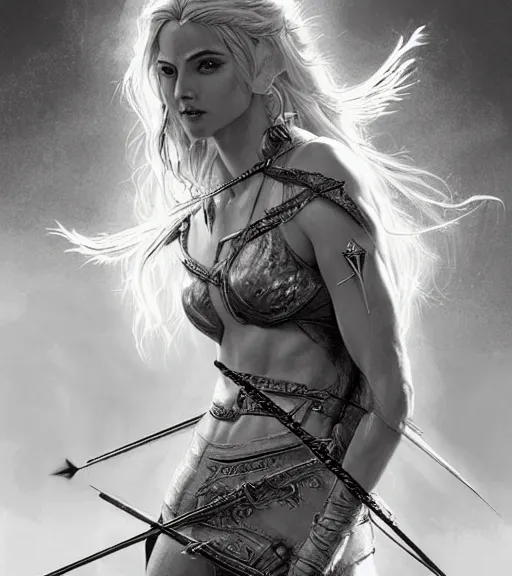 Image similar to portrait of beautiful aphrodite goddess as an archer warrior, arrow, beautiful piercing eyes, flowing blonde hair, realistic face, black and white drawing, in the style of greg rutkowski, fantasy, amazing detail, epic, intricate, elegant, smooth, sharp focus