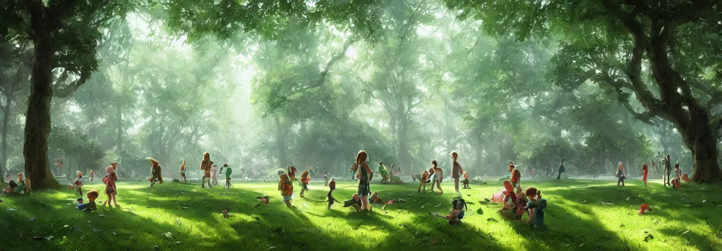 Image similar to beautiful sunny day in a green lush park, kids playing, soft warm lighting, highly detailed, digital painting, trending on artstation, concept art, sharp focus, illustration, art by artgerm and greg rutkowski and magali villeneuve