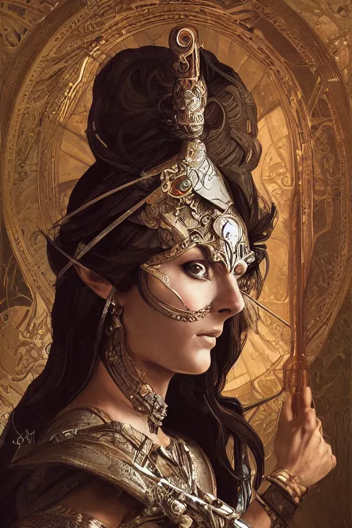 Prompt: a portrait of a anthropomorphic an ancient mesopotamia warrior goddess, D&D, fantasy, intricate, highly detailed, digital painting, artstation, concept art, smooth, sharp focus, illustration, art by caravaggio and artgerm and greg rutkowski and alphonse mucha